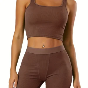 Women's 2 Piece Casual Workout Outfits Ribbed Knitted Yoga Tank Top High Waist Leggings Tracksuit Active Wear Sets