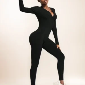 Fall new hot sale sexy bodysuit for women solid color ribbed long sleeve zipper bodycon sporty clothing rompers women's jumpsuit