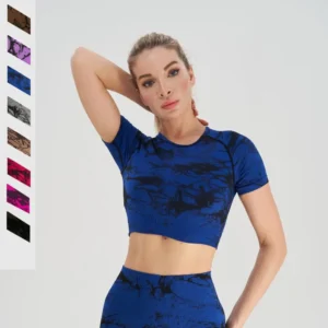 Seamless Embroidery Tie Dye Yoga T-Shirts for Women Breathable Elastic Slim Fit Short Sleeve Sport Crop Tank Top Gym Fitness Tee
