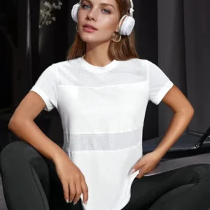 Women Plain Short Sleeve Cotton Breathable Mesh Sport T-Shirt Top Gym Slim Fit Yoga T Shirt