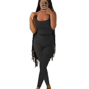 Casual Workout Sets 2 Piece Outfits For Women Ribbed Crop Tank Top High Waist Yoga Leggings Lounge Wear Tracksuit